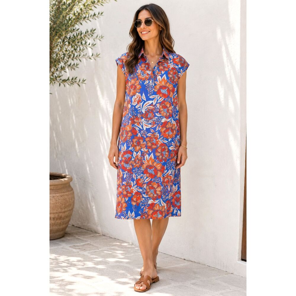 Sigrid Olsen Floral Linen Rayon Shirt Dress Blue Orange Button Size S NWT